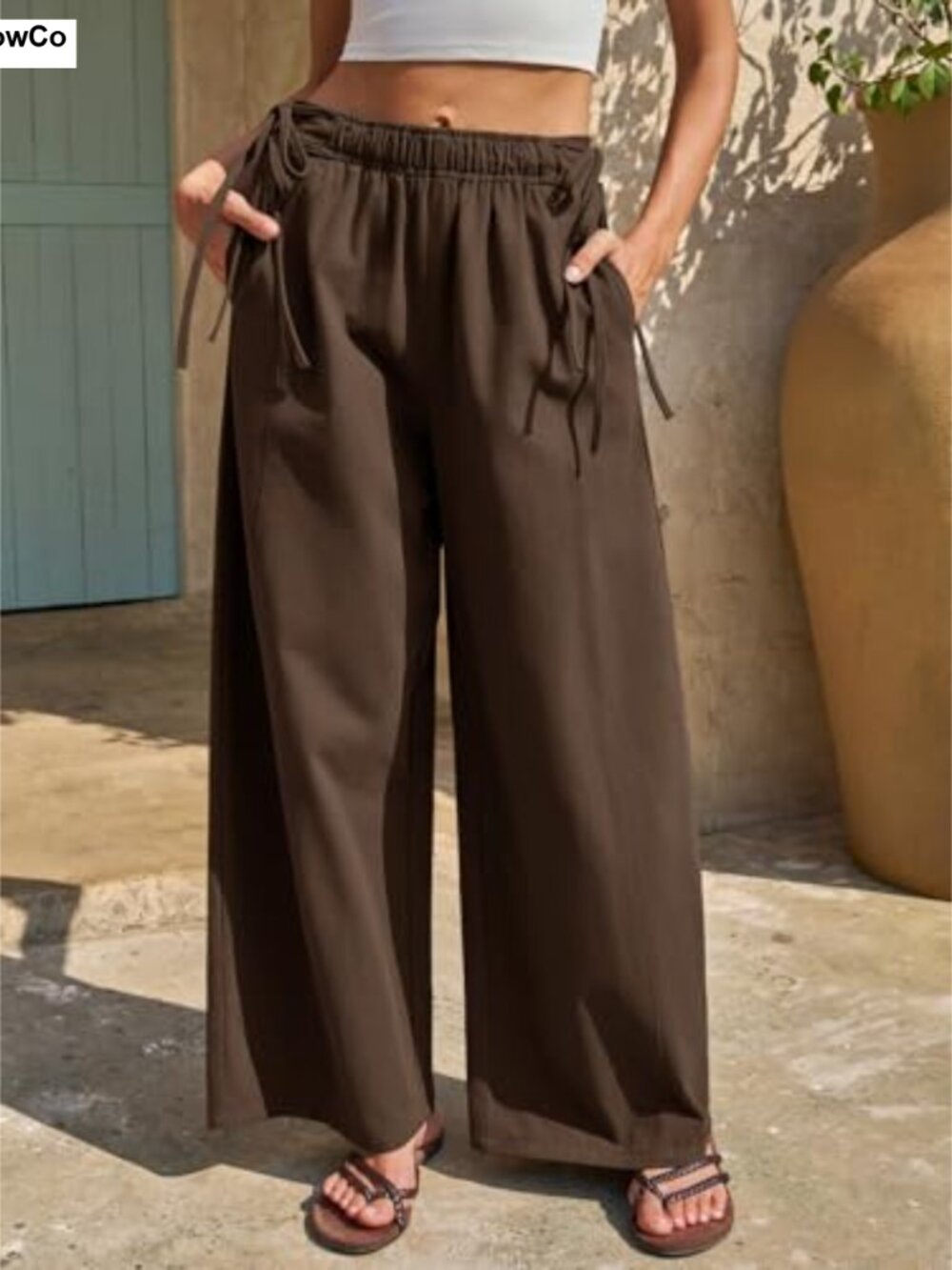 Cotton Wide Leg Pants Low Rise Baggy Drawstring Casual - Picture 2 of 6